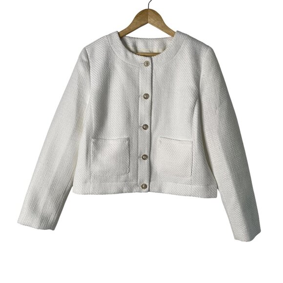 J.Crew Tweed Lady Cardigan Jacket Womens 14 Cream Boucle Pearl Gold Button - Picture 2 of 11